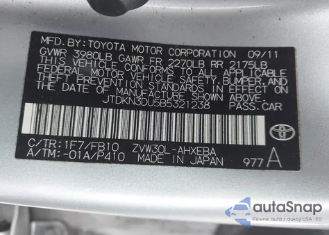 2011 Toyota Prius Two from USA, damaged, VIN JTDKN3DU5B5321238